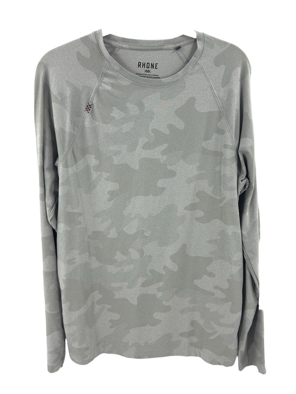 Rhone Reign Long Sleeve Shirt Soft Performance Top Mens Small Gray Camo Print